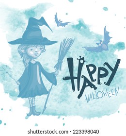 Witch Girl With Bat And Broom On Halloween Background, Eps 10 Vector Illustration