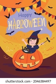 Witch girl and black cat coming out of the pumpkin with Magic wand in hand in orange background with Happy Halloween text .Flying bat.halloween crad.party.cartoon Vector illustration. postcard.fest.