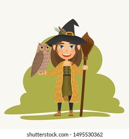 A witch girl in a black hat holds a broomstick and a large lazy owl in her hands. Children make magic. Vector illustration