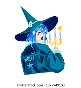 
a witch girl with blue hair turned sideways holds a candle, wearing a jacket and a witch hat
