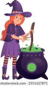 Witch girl boiling magic green potion in cauldron isolated on white background