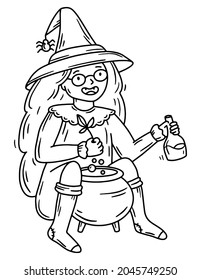 A witch girl brews a potion for happy Halloween linear vector illustration in doodle sketch style