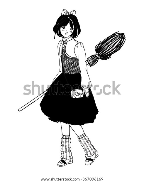 Witch Girl Broom Black White Monochrome Stock Vector Royalty Free 367096169