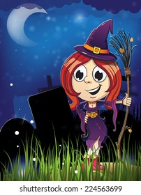 Witch girl with broom in the cemetery. Halloween night scene
