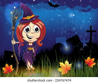 Witch girl with broom in the cemetery. Halloween night scene