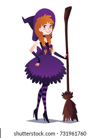 Witch girl with broom. Cute young woman in style of Sorceress going for Halloween party. Vector illustration in flat cartoon style on white background. Element for your design, prints, greeting card.