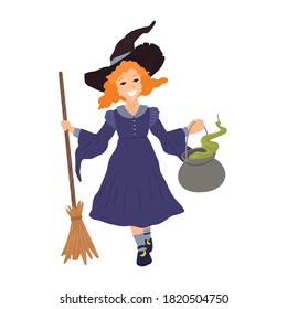 Witch. A girl in a witch costume holds a broom and a pot of potion. Costume for the holiday, a fabulous character, All Hallows' Eve. Vector character of a child on a white background.