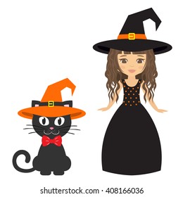 witch girl curly in long dress and cat in hat