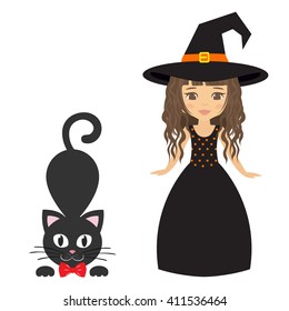 witch girl curly in long dress and cat with tie