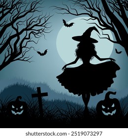 Witch girl dancing on graveyard in black forest at full Moon night. Vector illustration design for Halloween.