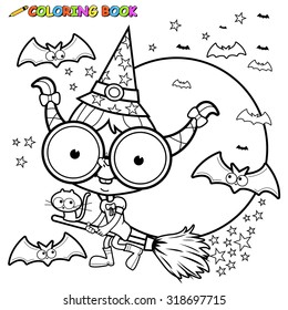 Witch girl flying with her broom and her cat on Halloween night. Vector black and white coloring page.