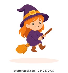 Witch girl flying on broomstick. Cute Halloween character illustration. Little sorceress in purple hat