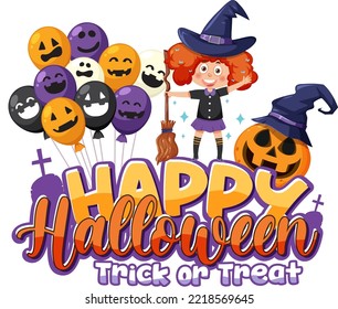 Witch girl with happy halloween font logo illustration