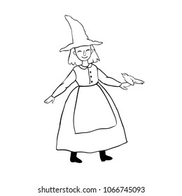 Witch girl in hat with bird. Vector Coloring page for children. Drawing kids activity. Printable fun.