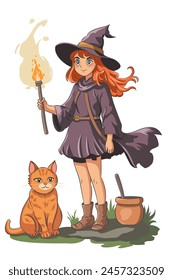 A witch girl in a hat, with a burning torch and a red cat.