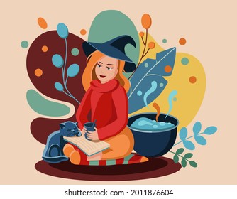  witch girl in a hat with a cat and a cauldron. Happy Halloween concept. Vector illustration in flat style