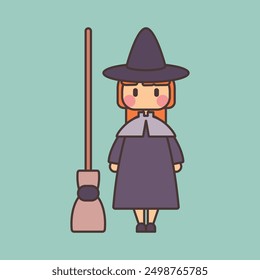 Witch Girl and Her Broom Vector Cartoon Illustration