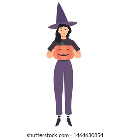 Witch girl holding Jack-o'-lantern pumpkin standing alone. Seasonal autumn harvesting. Wizard young woman isolated on white background. Halloween carnival celebration. Flat cartoon vector illustration