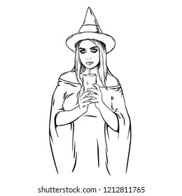 Witch girl in line art with candle and witch hat, witch makeup