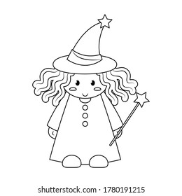 A witch girl with magic wand vector illustration cartoon isolated on white background. Halloween witch vector cartoon colorless for coloring page. 