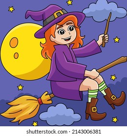 Witch Girl On A Broomstick Colored Illustration