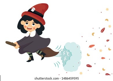 Witch girl on a broomstick. Halloween celebration. All Saints Eve. Costume for a child. Vector illustration of a cartoon character. For childrens book, web.