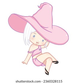 witch girl with pink pastel big hat 