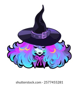 A witch girl in a pointed hat with beautiful lush multi-colored hair