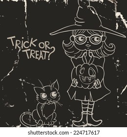 Witch Girl With Pumpkins And Black Cat On Halloween Background, Eps 10 Vector Illustration