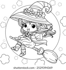 Witch girl ridding a broom cartoon coloring,vector