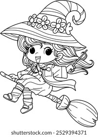 Witch girl ridding a broom cartoon coloring,vector