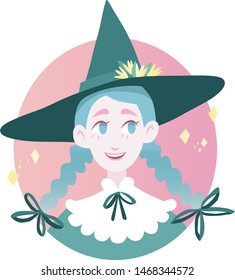 Witch girl smiling with green hat.