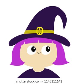 Witch girl wearing curl hat. Cartoon funny spooky baby magic character. Happy Halloween. Cute head face. Greeting card. Flat design. White background. Isolated. Vector illustration