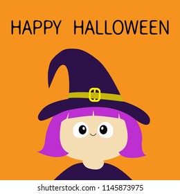 Witch girl wearing curl hat. Happy Halloween. Cartoon funny spooky baby magic character. Cute head face. Greeting card. Flat design. Orange background. Isolated. Vector illustration