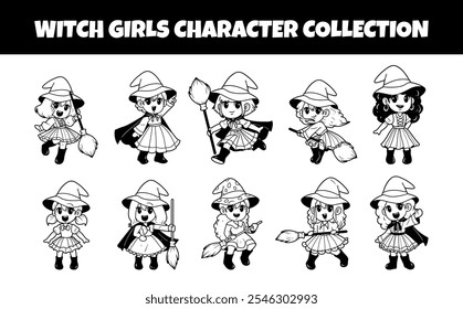 Witch girls character outline vector illustration set