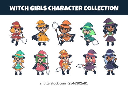 Witch girls character vector illustration set