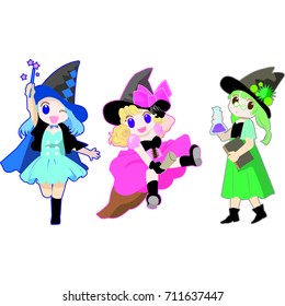 Witch girls. Halloween. The original cartoon character. Anime,Japan.