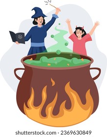 Witch girls making Halloween potion