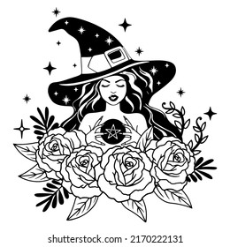 Witch girl,Silhouette of beautiful  witch with rose flowers,Vector illustration,Hand drawn Witchy