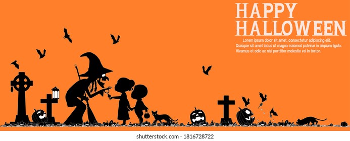 A witch is giving the children some candy in the Halloween night.There are 2 unique layers , black and white on orange background.
