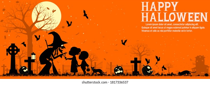 A witch is giving the children some candy in the Halloween night.There are 3 unique layers , black,grey and white on orange background.
