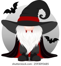 Witch gnome with a big hat, cloak, and bats. Ideal for Halloween cards, party invitations, and magical designs.