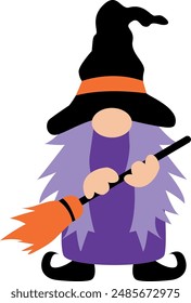 Witch gnome with broom. Halloween gnome vector illustration.
