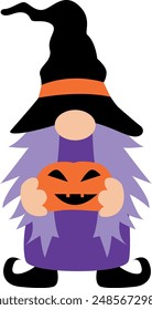 Witch gnome with pumpkin. Halloween gnome vector illustration.
