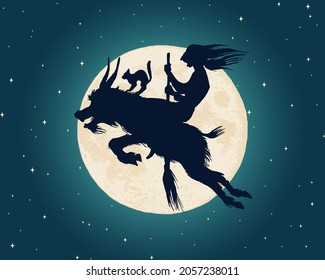 Witch and a goat flying over the moon in the night sky. Sorceress with a broomstick in vintage style. Mythical Magic Fortune silhouette. Halloween concept. Vector illustration.