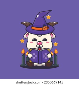 Witch goat reading spell book. Cute halloween cartoon illustration. 