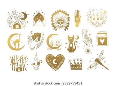 Witch gold stickers set, vintage magic boho tattoos, halloween design elements, skull, cat, fortune teller hand with tarot cards. Vector hand drawn illustrations isolated on white.