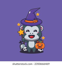 Witch gorilla in halloween day. Cute halloween cartoon illustration. 