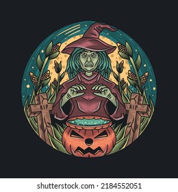 Witch granny making potions in a cornfield on Halloween