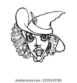 Witch. Graphic drawing of a woman's face. Halloween, a template for a holiday. Cutting along the contour. The silhouette of a witch. Vector witch head.A girl in a witch costume. Laser cutting.